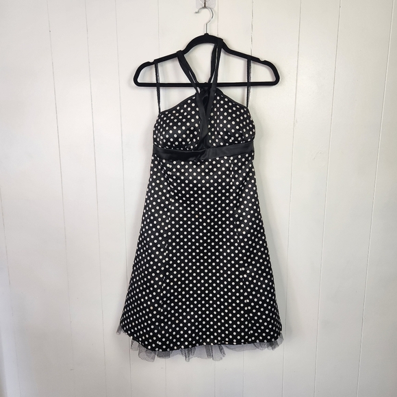 Vintage 1990s Black Polka Dot Satin Halter Dress Tulle Rockabilly Size Medium - Picture 5 of 14